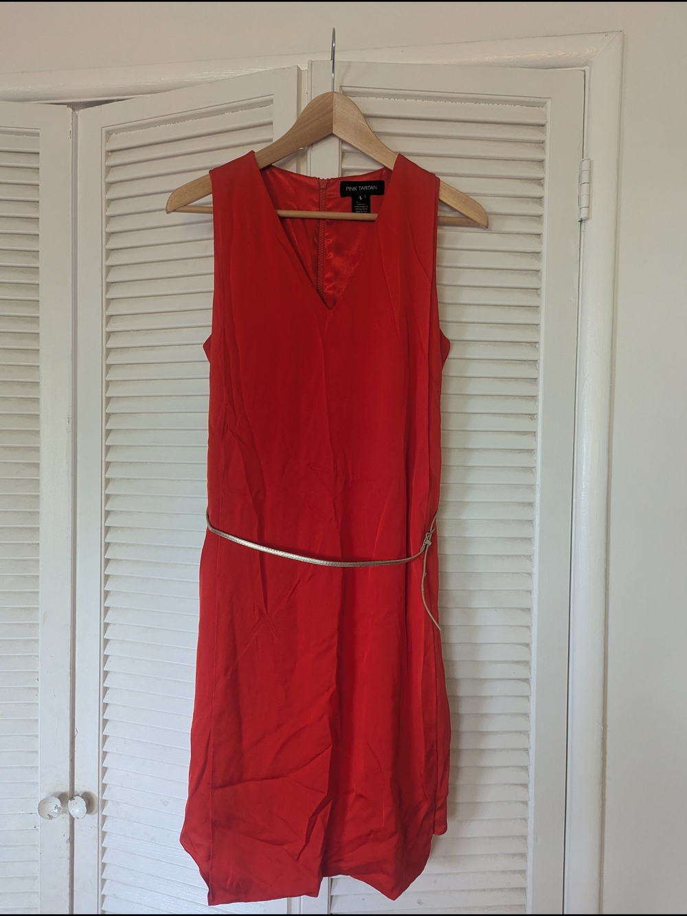 PINK TARTAN ** Silk Sheath Asymmetrical Hem Gold Belted Dress